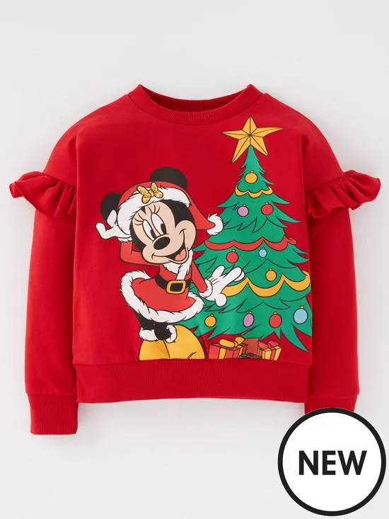 Girls Disney Frill Sleeve Christmas Sweater - Red