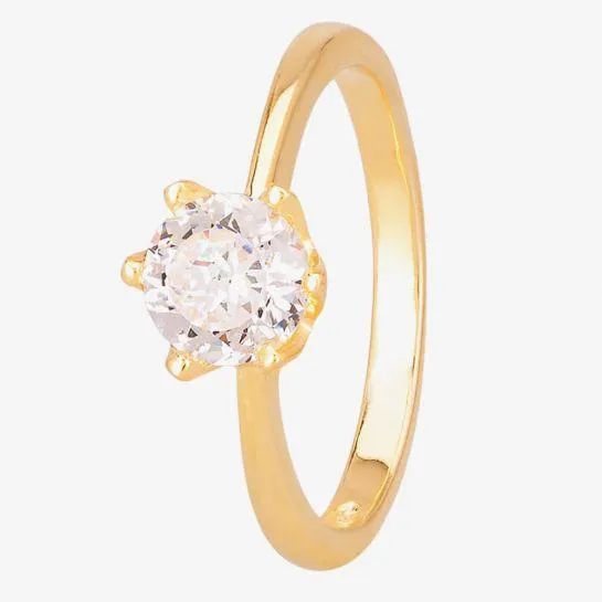 Gold 6mm Six Claw Round Cubic Zirconia Ring
