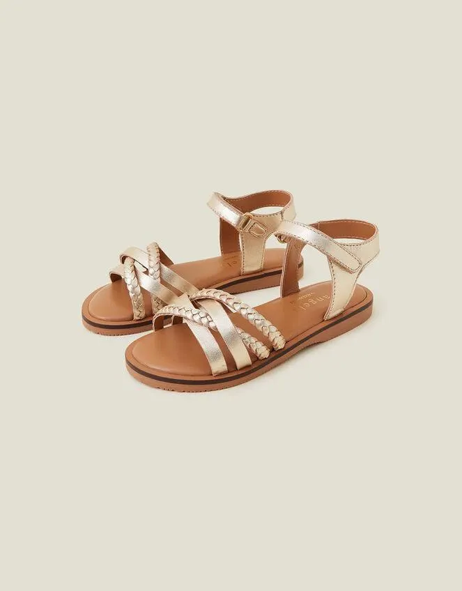 Girls Plait Leather Sandals Gold