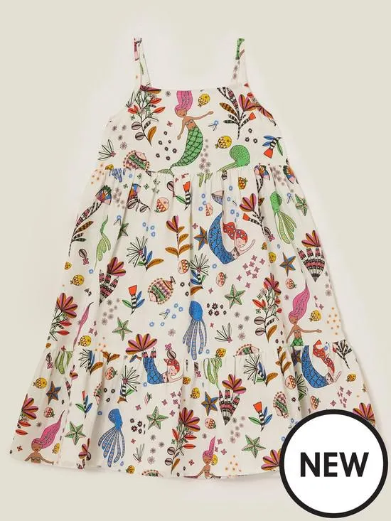 Girls Mermaid Print Dress - White