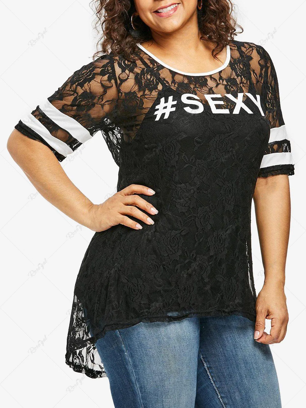Plus Size Letter Print Floral Lace Dip Hem Short Sleeves T-shirt - 2x | Us 18-20