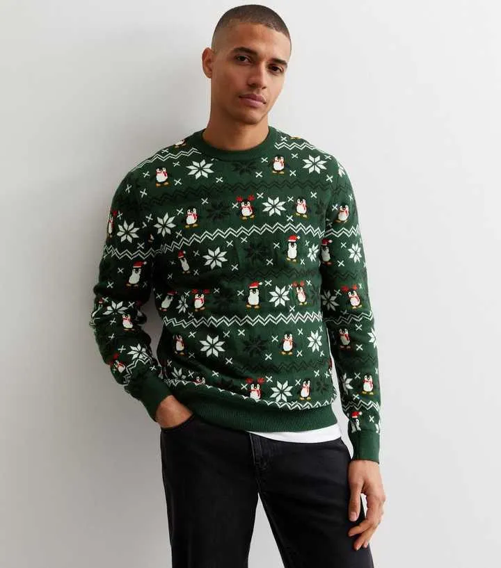 Dark Green Penguin Print Knitted Jumper