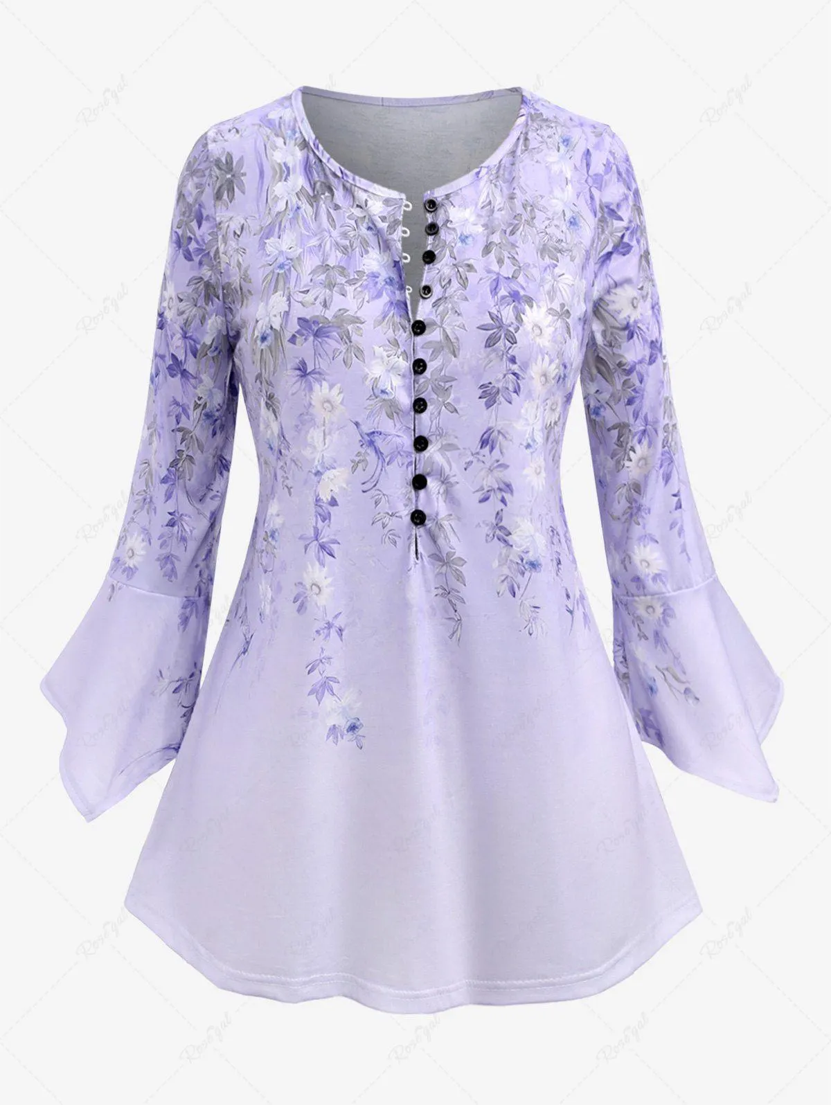 Plus Size Flower Leaf Printed Buttons 3/4 Length Flare Sleeves T-shirt - Xl