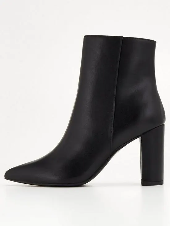 Point Toe Block Heel Ankle Boot - Black