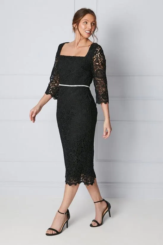 Premium Lace Embellished Waist Midi Dress