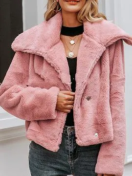 Pink Lapel Neck Long Sleeve Faux Fur Coat