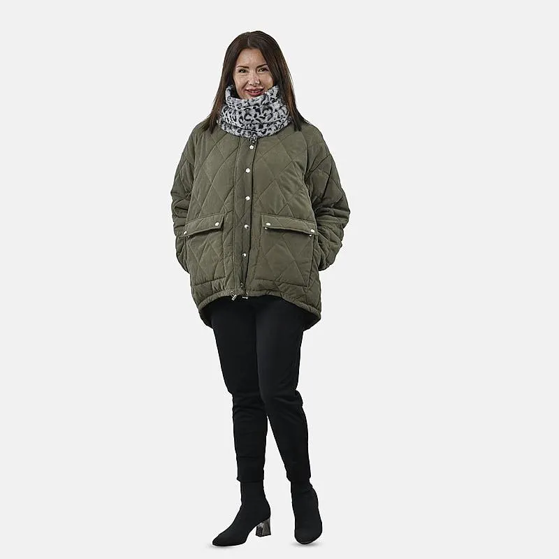 2 in 1 Faux Fur Leopard Print Drawstring Snood - Grey