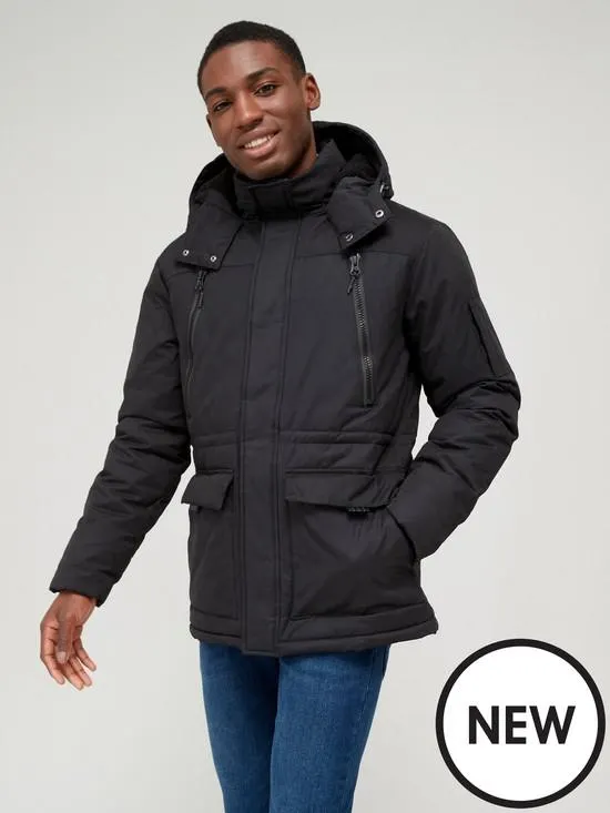 Borg Lined Hooded Parka Coat - Black
