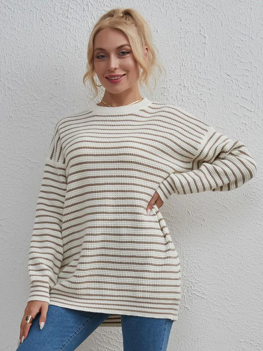Pullovers For Women Camel Stripes Jewel Neck Long Sleeves Acrylic Sweaters