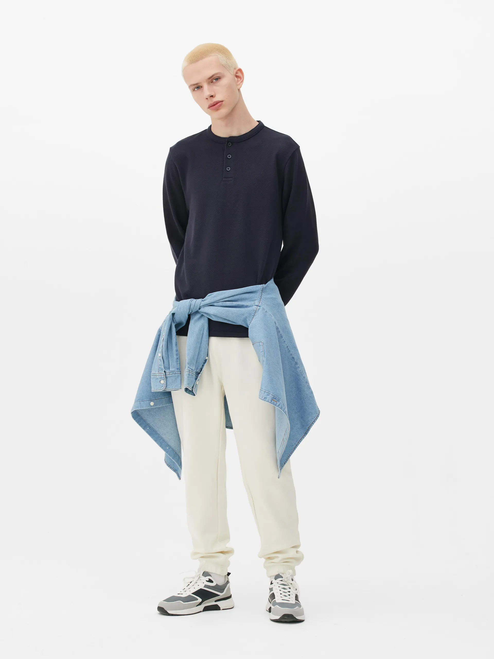 Henley-T-shirt met lange mouwen en textuur