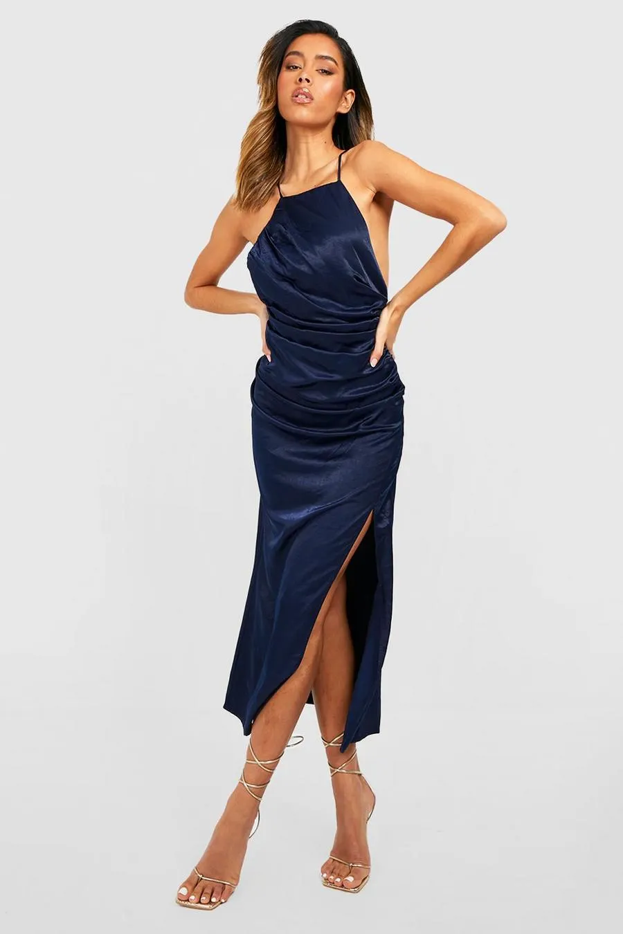 Satin Ruched Detail Split Slip Dress