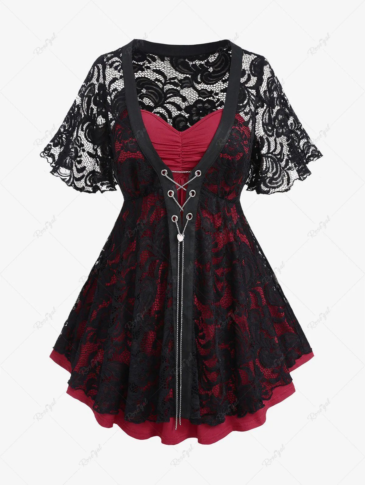 Plus Size Ruched Cami Top and Floral Lace Chains Lace-up T-shirt - L | Us 12