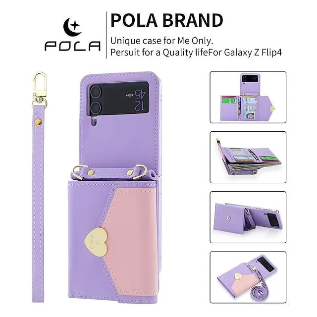 Phone Case For Samsung Galaxy Handbag Purse Wallet Case Z Flip 5/4/3 with Removable Cross Body Strap With Card Holder Kickstand Heart Solid Colored PC PU Leather