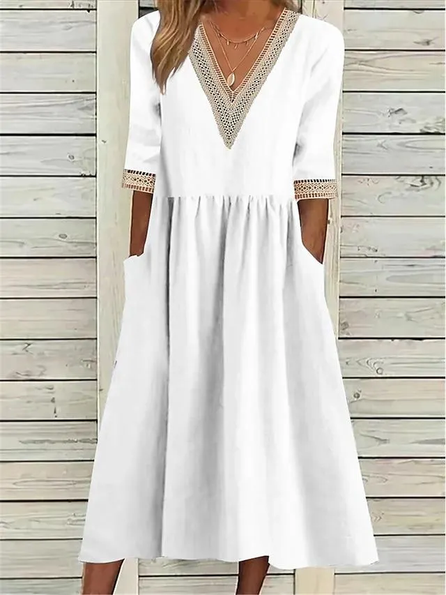 Women's Casual Dress Cotton Linen Dress Swing Dress Midi Dress Cotton Blend Basic Classic Outdoor Daily V Neck Patchwork Pocket Half Sleeve Summer Spring Fall 2023 Loose Fit White Plain S M L XL 2XL