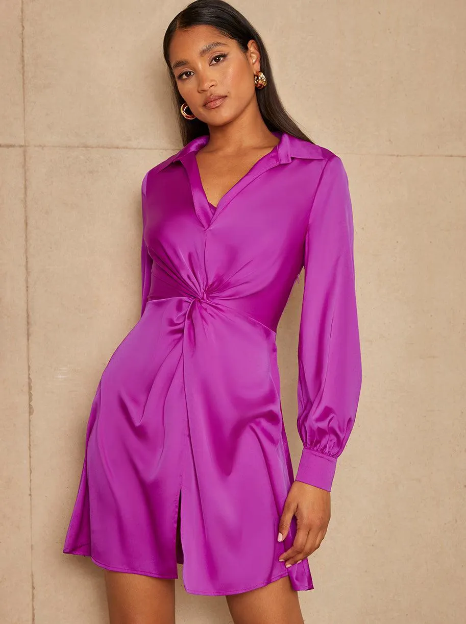 Long Sleeve Plunge Twist Detail Midi Dress in Purple
