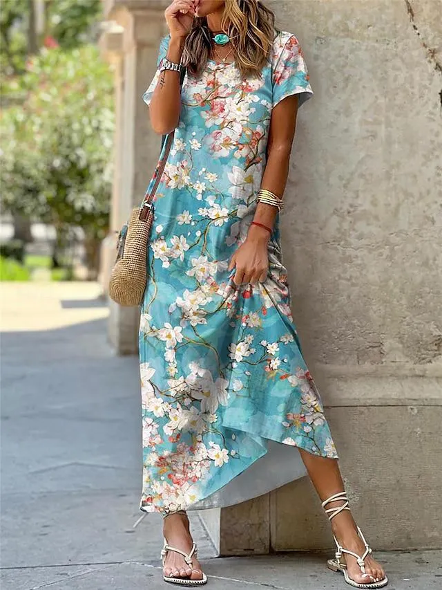Women's Casual Dress Shift Dress Floral Leaf Pocket Split Crew Neck Long Dress Maxi Dress Streetwear Holiday Date Short Sleeve Regular Fit Royal Blue Blue Green Summer Spring S M L XL XXL