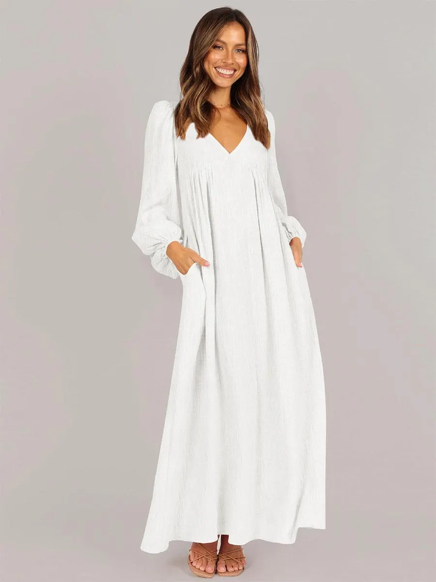 Shift Dresses V-Neck Long Sleeve Maxi Dress With Pockets