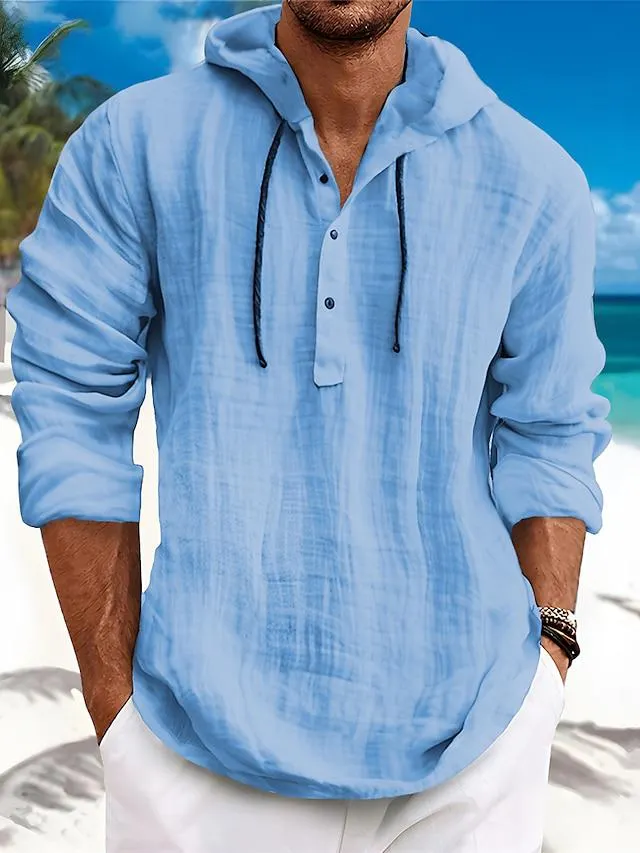 Men's Shirt Linen Shirt Summer Shirt Beach Shirt White Blue Brown Long Sleeve Plain Hooded Spring & Summer Casual Daily Clothing Apparel