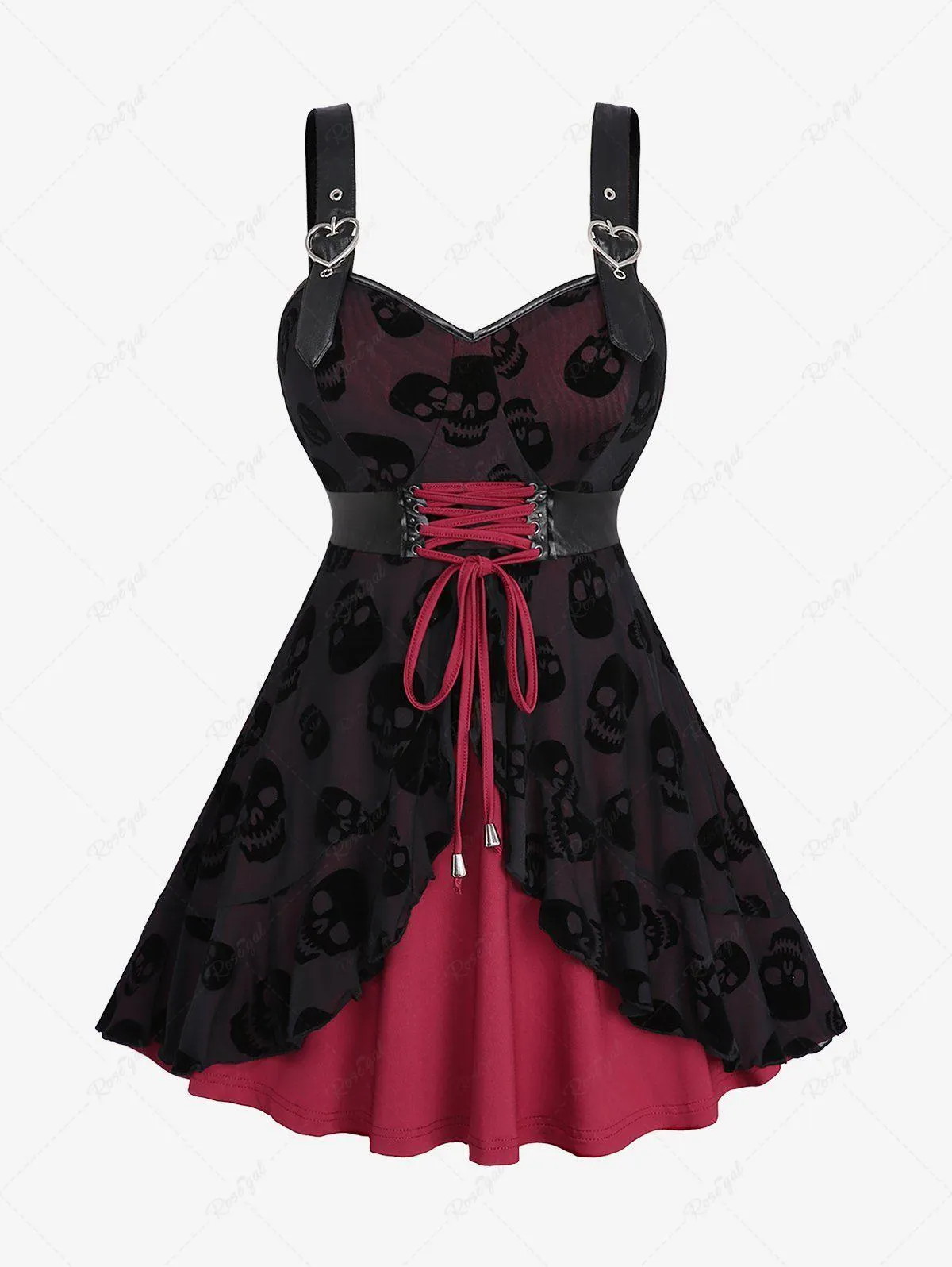 Plus Size Skulls Flocking Mesh Layered Lace Up PU Leather Grommets Heart Buckle Tank Top - 3x | Us 22-24