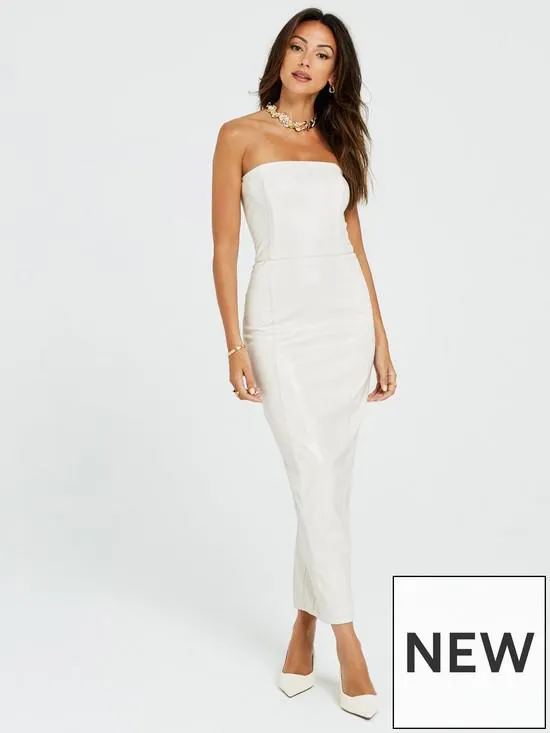 Michelle Keegan Bandeau Corset PU Midi Dress - Cream