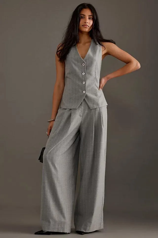 The Avery Pleated Wide-Leg Trousers by Maeve: Pinstripe Edition