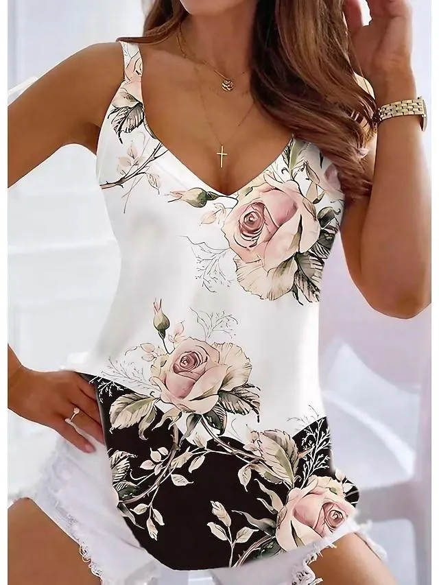 Women's Tank Top Floral Casual Holiday Black White Yellow Print Sleeveless Tunic Basic V Neck Regular Fit