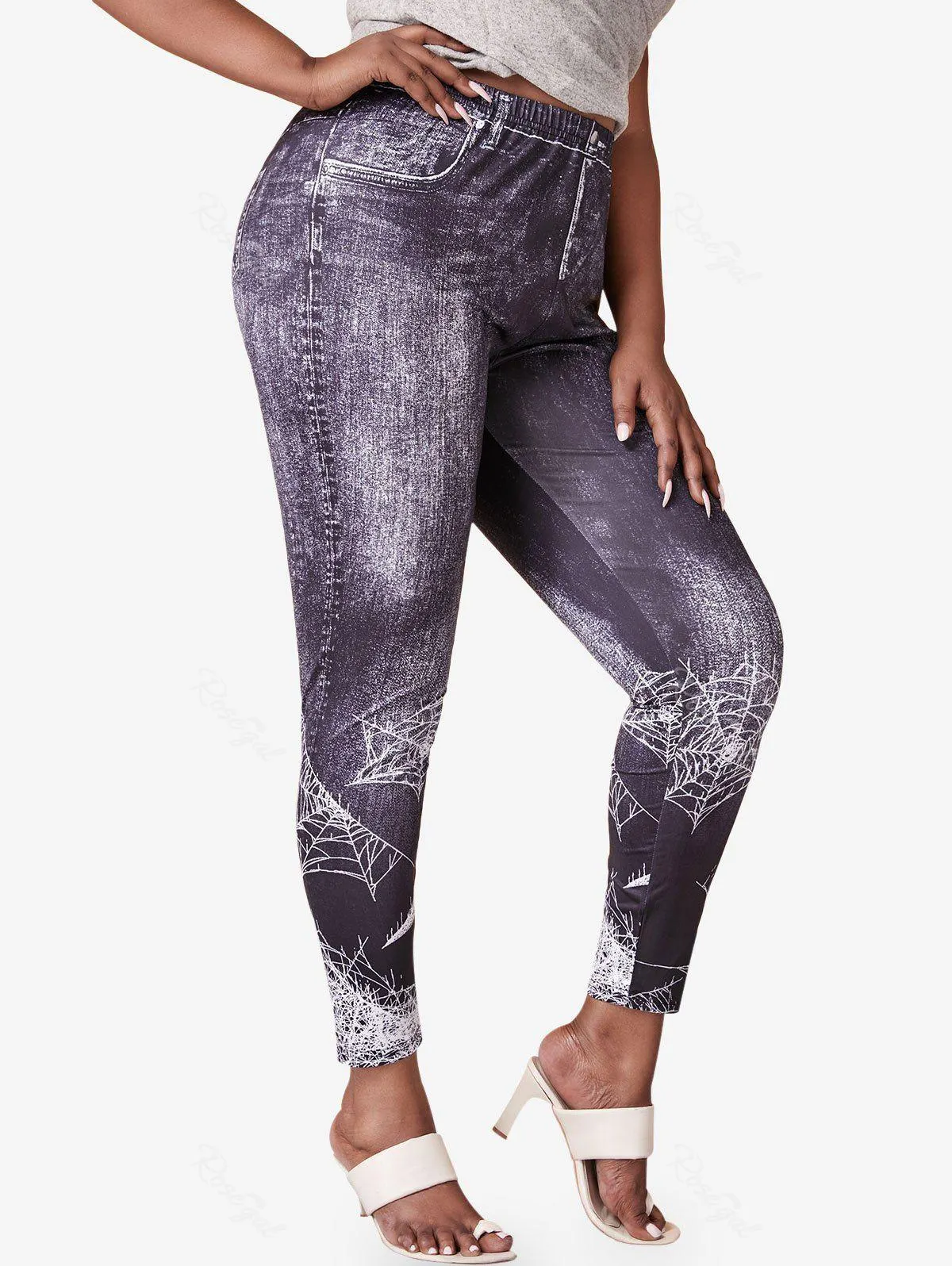 Plus Size Spider Web Print 3D Denim Halloween Jeggings - 1x