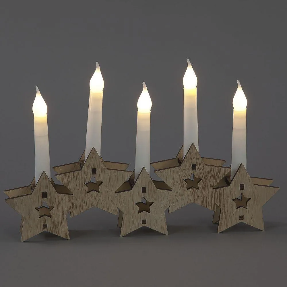 Battery Operated Wooden Christmas Star Base with LED Candles (22cm)
