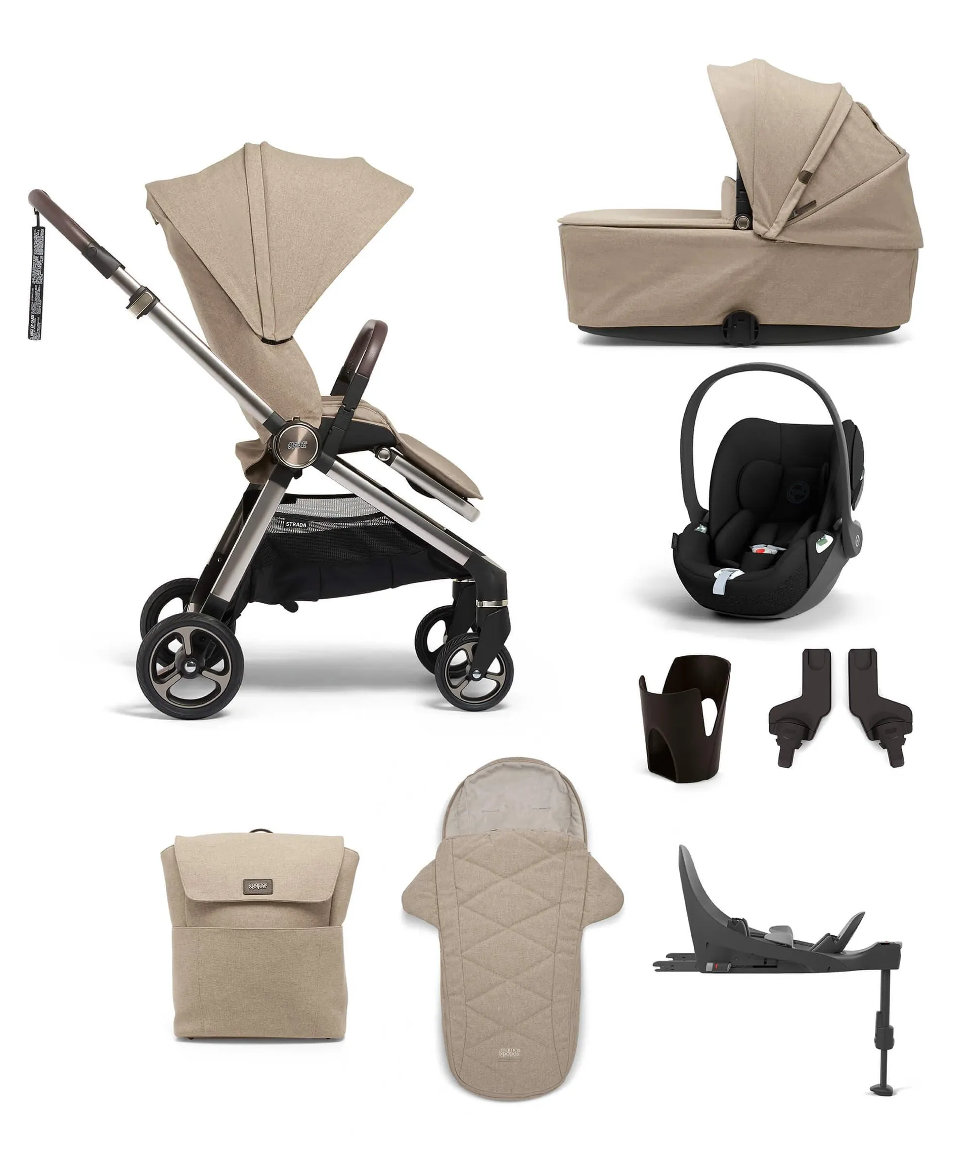 Strada 8 Piece Complete Bundle Including Cloud T Car Seat and Base in Pebble