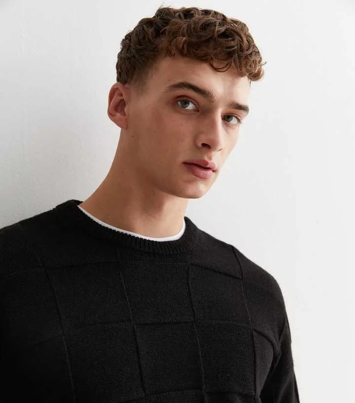 Black Check Stitch Knit Crew Neck Relaxed Fit Jumper