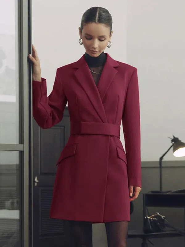 Blazer Dresses Turndown Collar Sash Long Sleeves Office & Career Women's Clothing Midi Dress