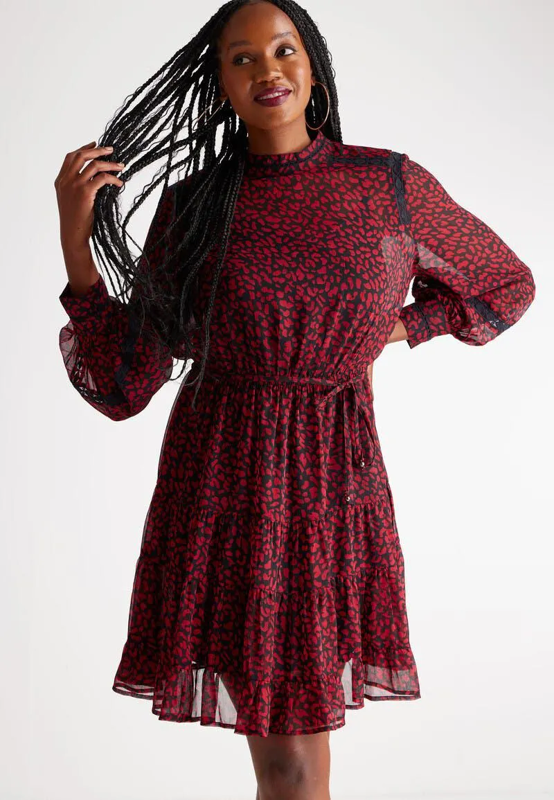 Womens Red Leopard Print Chiffon Dress