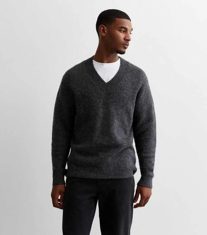 Grey Knit V Neck Relaxed Fit Jumper