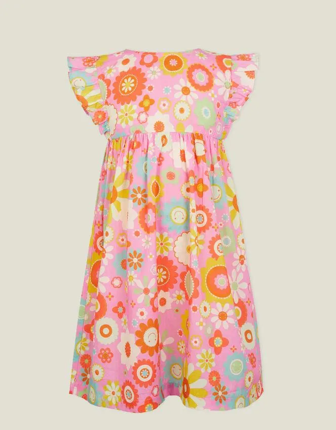 Girls Boho Floral Short Sleeve Dress Pink