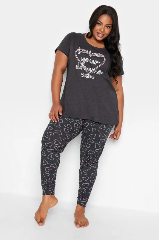 YOURS Curve Grey 'Follow Your Dreams' Heart Print Pyjama Set