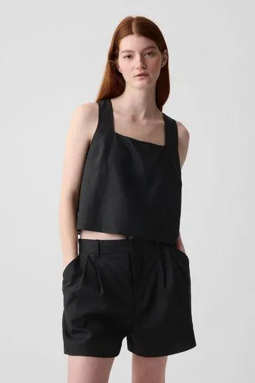 Linen Blend Button Back Cropped Vest Top