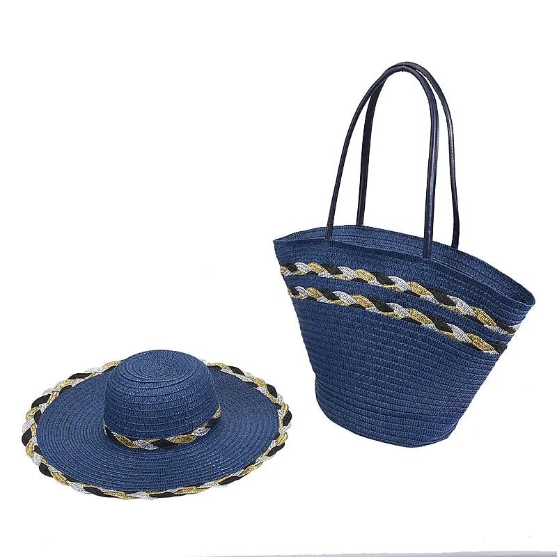 2 Piece Set - Handbag with Matching Hat Tote Bag and Zipper Closure - Blue
