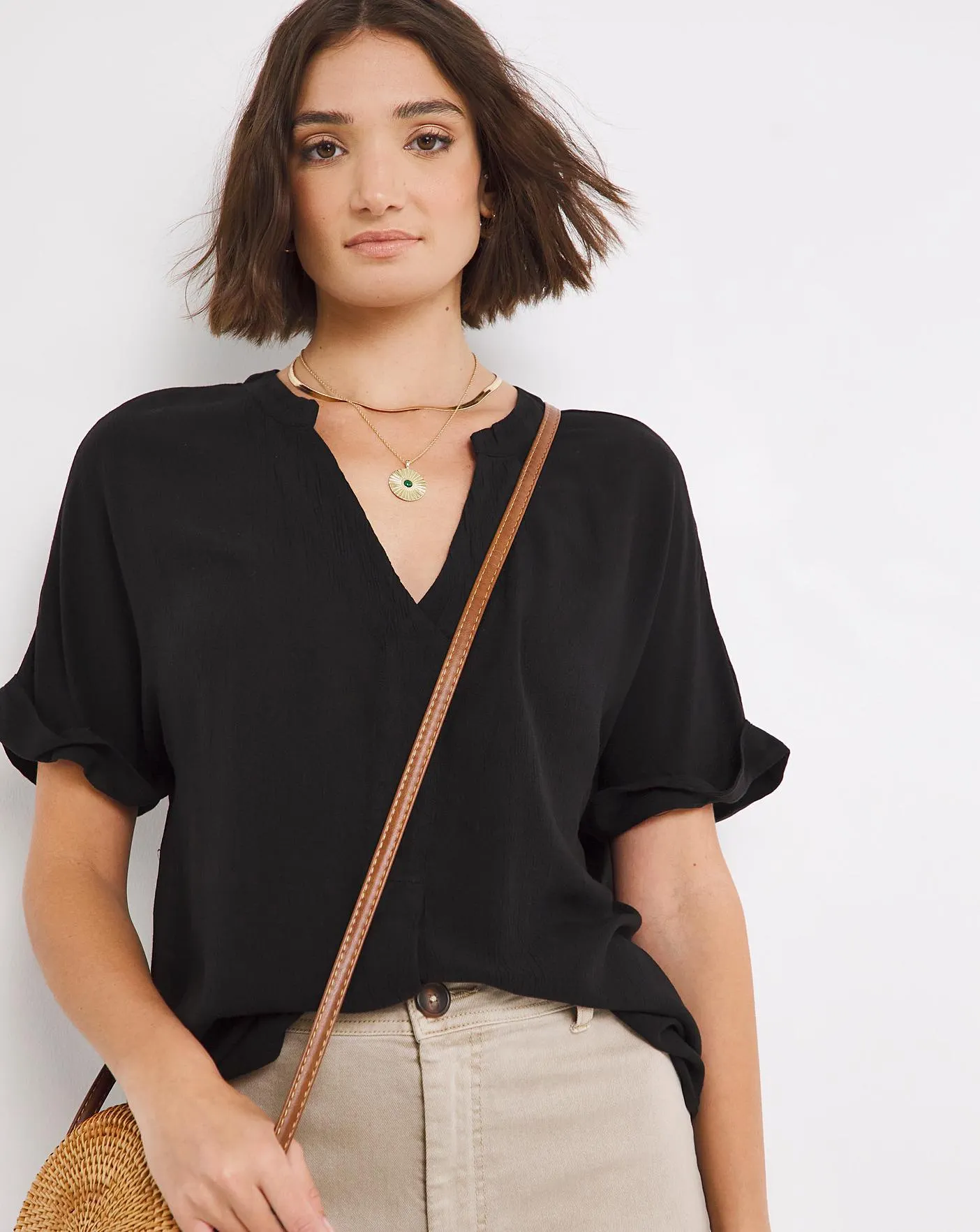 Black Short Sleeve Crinkle Top
