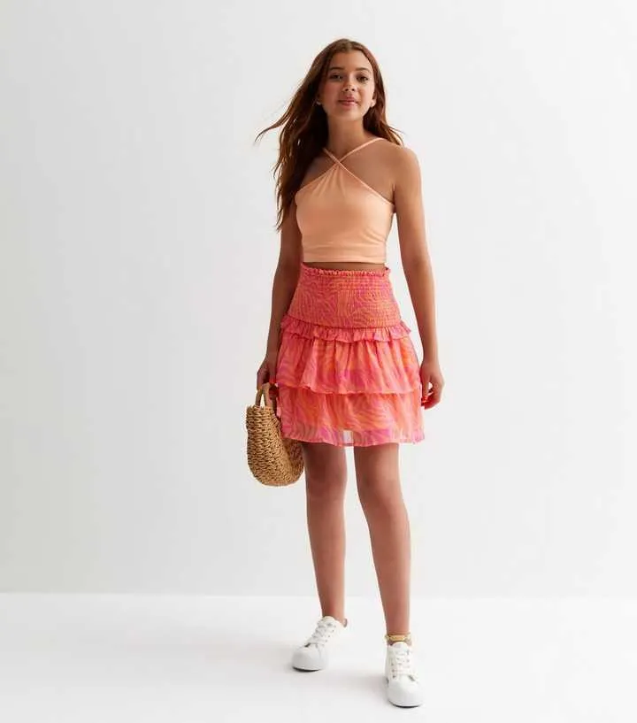 KIDS ONLY Orange Zebra Print Tiered Mini Skirt