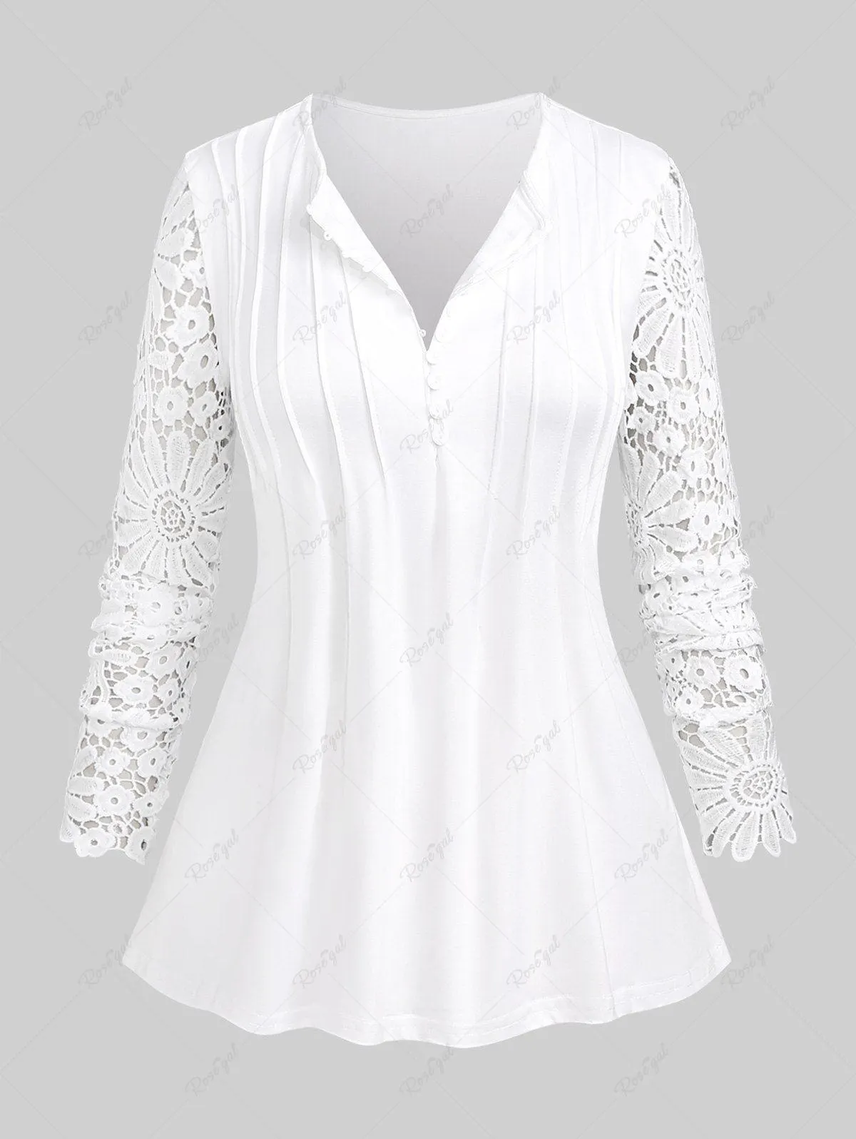 Plus Size Floral Lace Sleeves Pleated Buttons T-shirt - 3xl