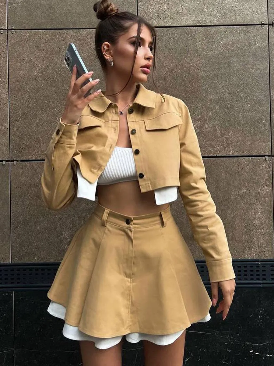 Skirt Set Khaki Street Wear Casual Two Piece Outfit For Women