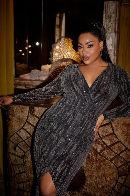 YOURS LONDON Curve Black Glitter Midi Wrap Dress