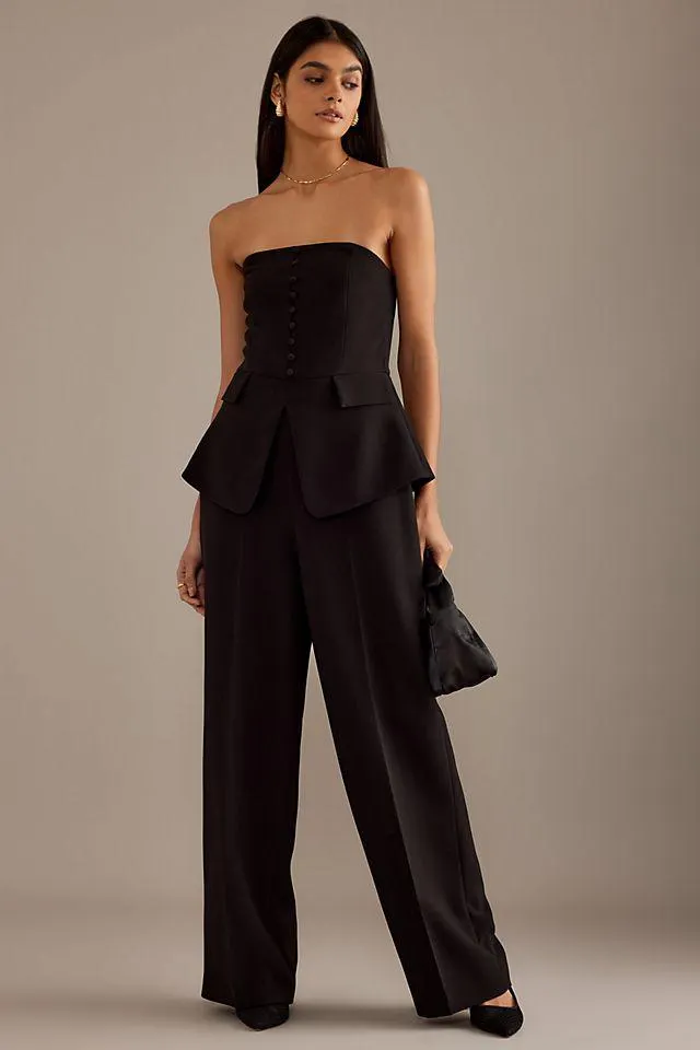 Emmie Strapless Peplum Layer Tailored Wide-Leg Jumpsuit