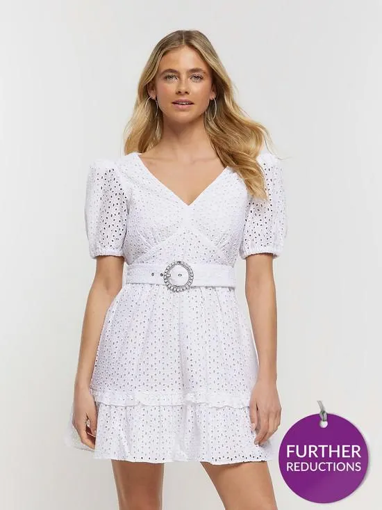 Broderie Belted Mini Dress - white