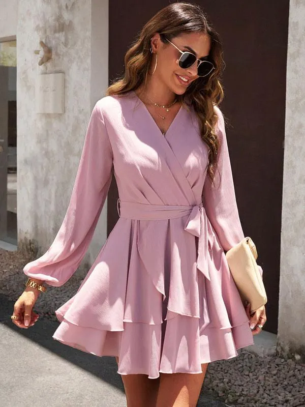 Skater Dresses V-Neck Ruffles Pink Long Sleeves Flare Dress