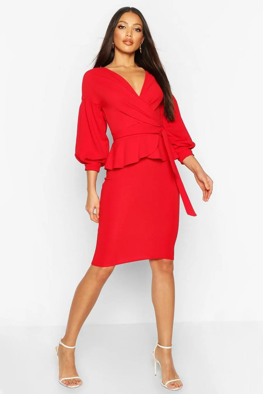 Off The Shoulder Wrap Peplum Midi Dress