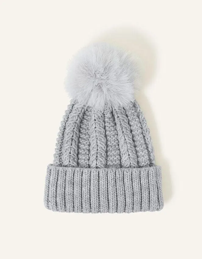 Pom-Pom Beanie Hat Grey