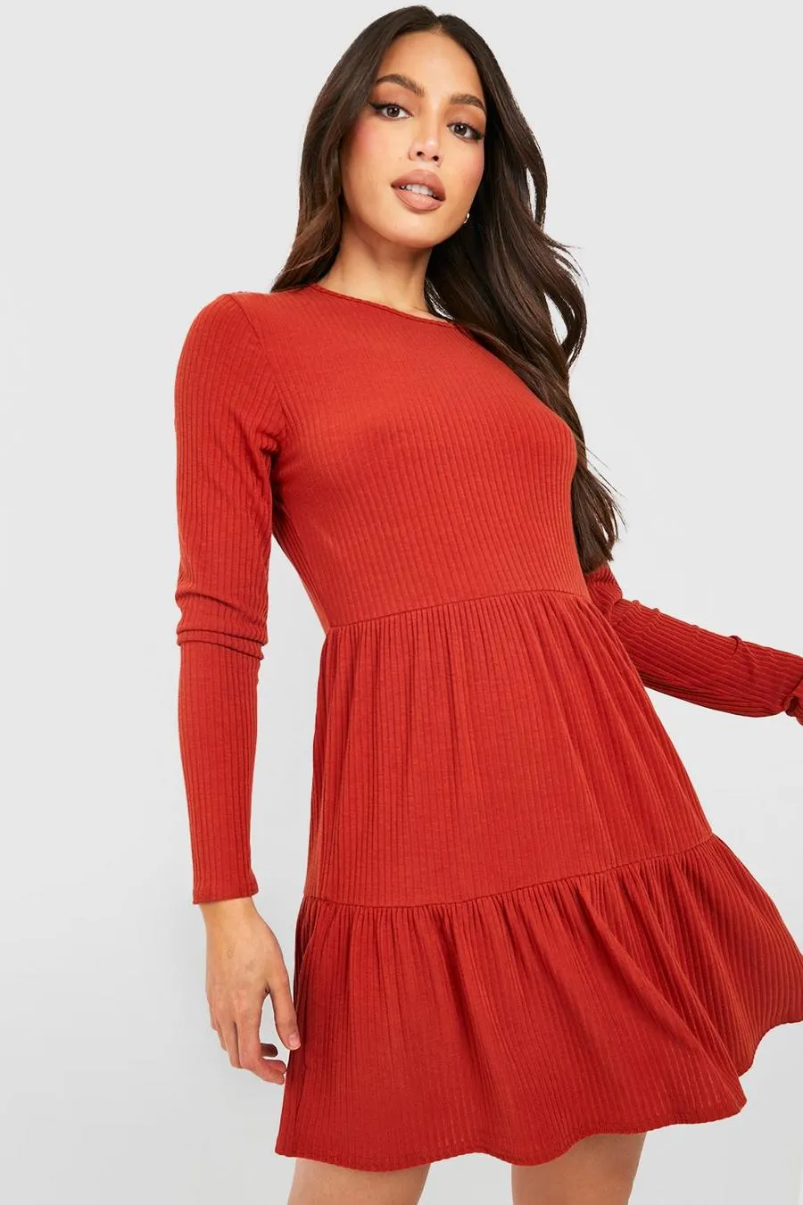 Tall Soft Rib Longsleeve Tiered Mini Smock Dress