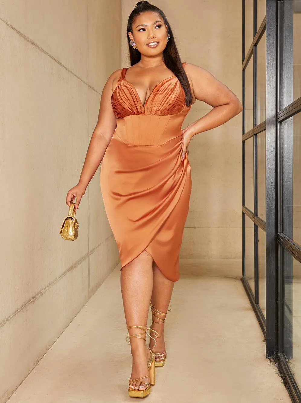 Plus Size Corset Style Bodycon Satin Midi Dress in Rust