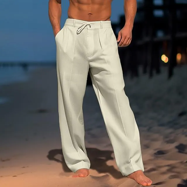 Men's Linen Pants Trousers Summer Pants Beach Pants Drawstring Elastic Waist Pleats Plain Comfort Breathable Casual Daily Holiday Linen / Cotton Blend Fashion Classic Style Black White